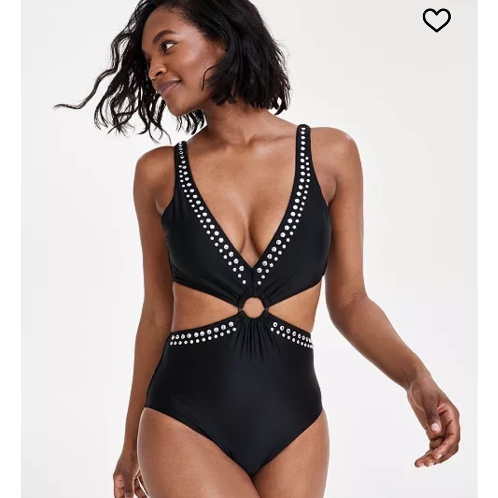 Bar III Women's Tell Me About It Studded Black One-Piece Swimsuit